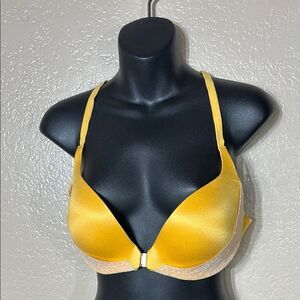 Victoria’s Secret 34D push up front clasp cross back lace yellow shimmer bra